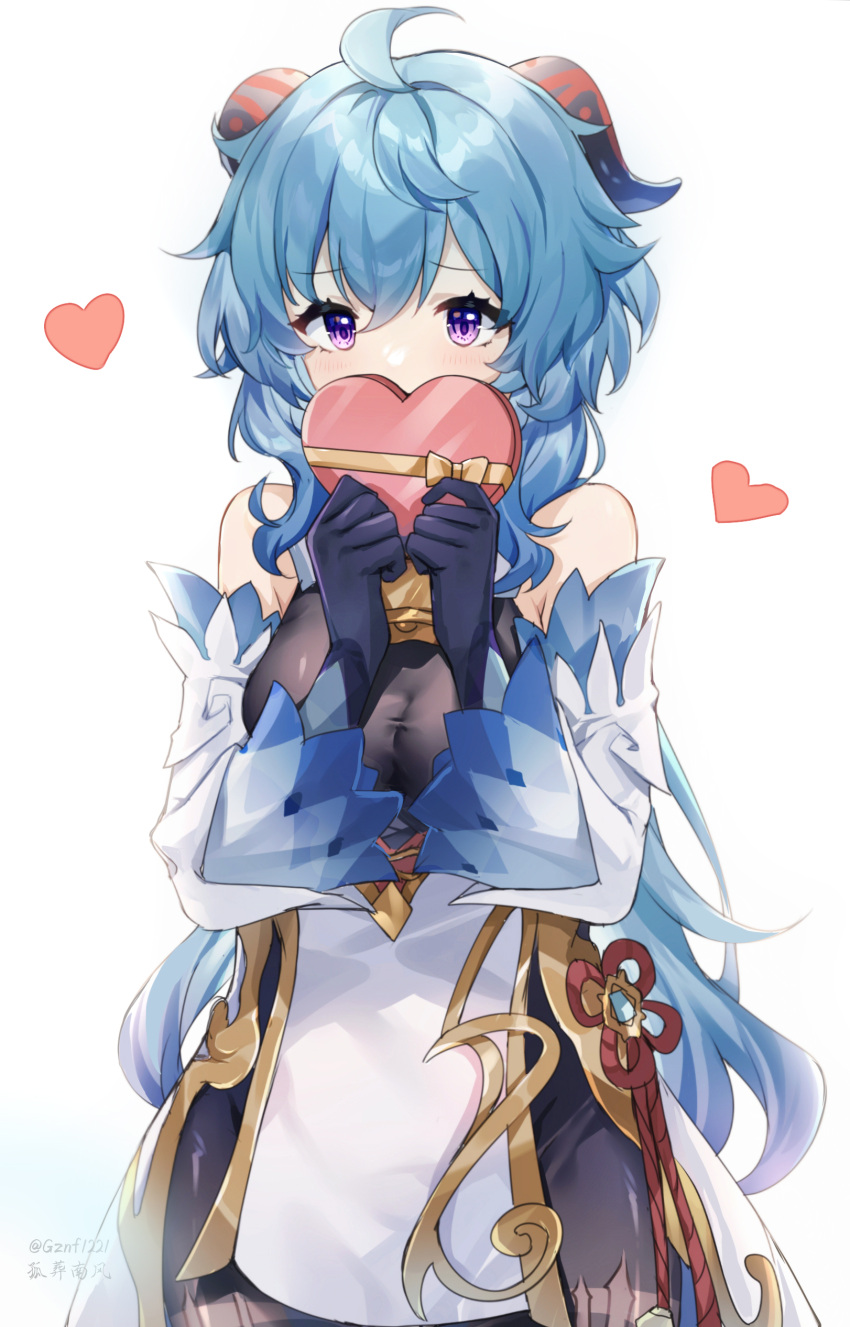 1girl absurdres ahoge artist_name bangs bare_shoulders bell black_pantyhose blue_gloves blue_hair blush box breasts candy chinese_knot chocolate covering_mouth detached_sleeves flower_knot food ganyu_(genshin_impact) genshin_impact gift gloves gold_trim guzangnanfeng heart heart-shaped_box heart-shaped_chocolate highres holding horns leotard long_hair looking_at_viewer medium_breasts neck_bell pantyhose purple_eyes sidelocks solo standing taut_clothes taut_leotard thighlet valentine violet_eyes vision_(genshin_impact) white_background white_sleeves