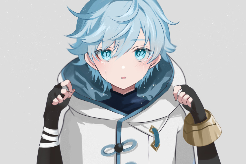 1boy :o aqua_hair asymmetrical_sleeves bandaged_arm bandages bangs black_bodysuit black_gloves blue_eyes blue_hair bodysuit chinese_clothes chongyun_(genshin_impact) close-up commentary_request crying crying_with_eyes_open facing_viewer female_child fingerless_gloves genshin_impact gloves gradient gradient_background grey_background hair_between_eyes highres hood hood_down hoodie long_sleeves looking_at_viewer male_child male_focus open_mouth rrr_gns_(riuriu_1212) short_hair simple_background solo tears upper_body white_hoodie