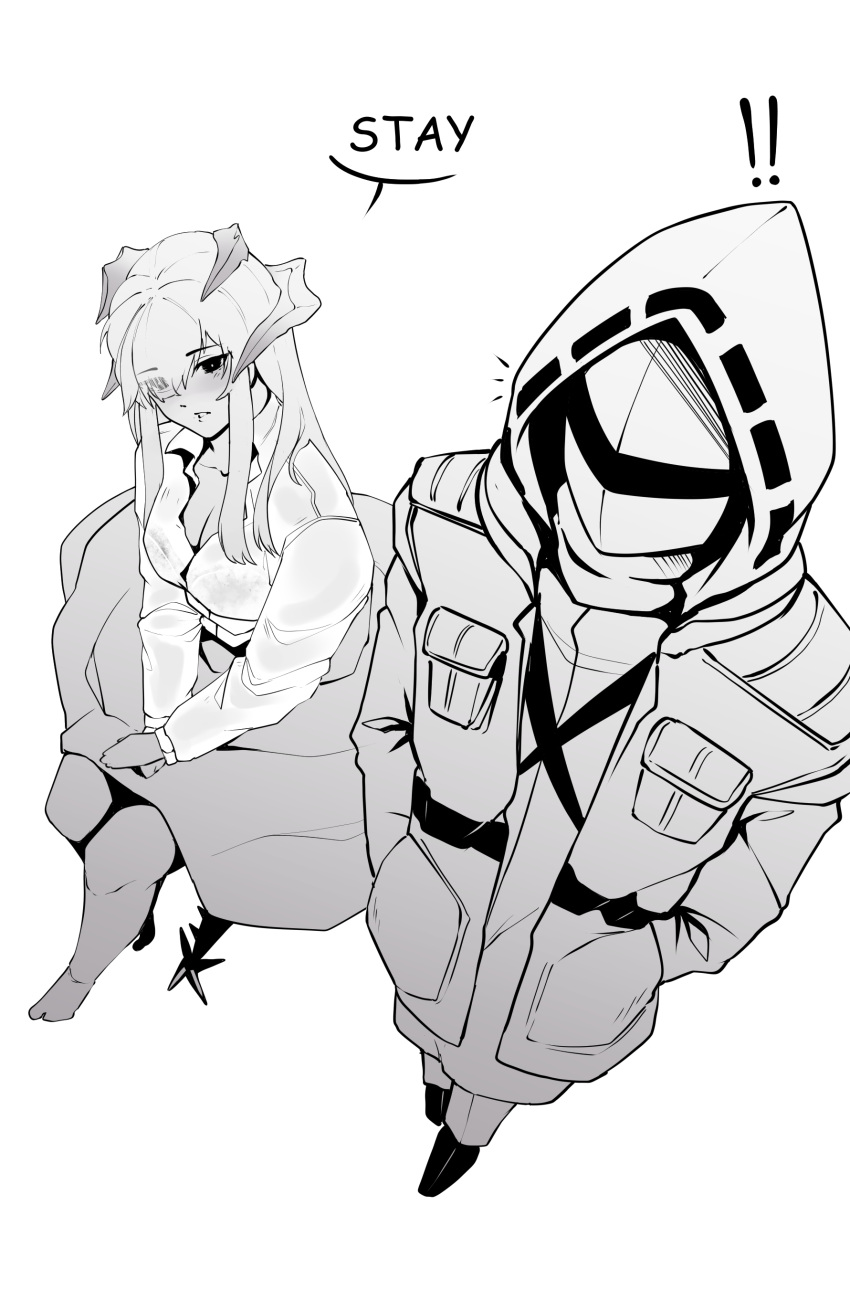 ! !! 1girl 1other absurdres arknights bangs blush commentary doctor_(arknights) english_commentary english_text greyscale hands_in_pockets highres hood hooded_jacket horns jacket long_hair mask monochrome najashi saria_(arknights) simple_background sitting skirt tail white_background