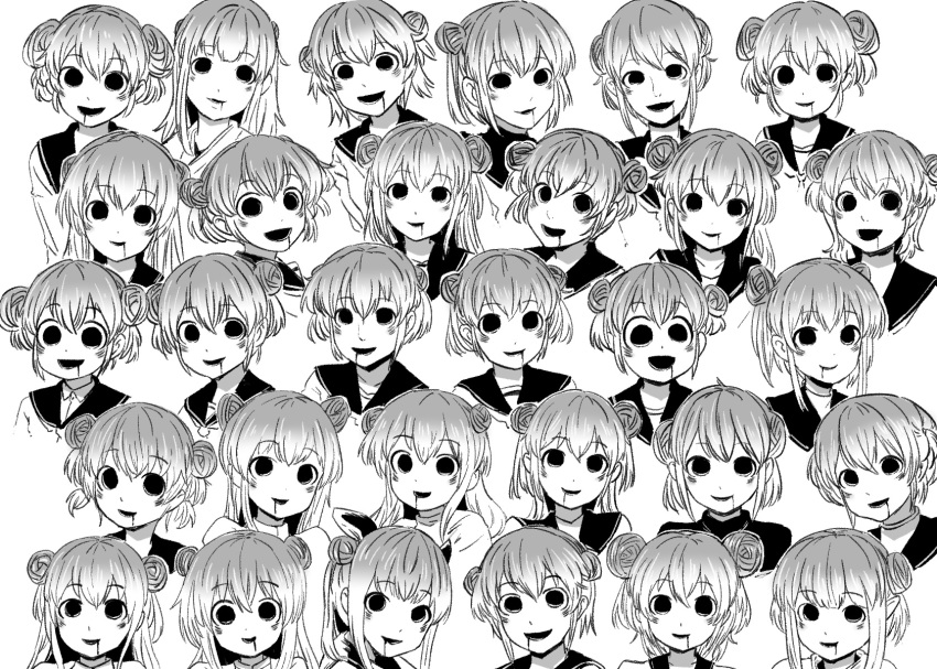 4shi angry black_sailor_collar blank_eyes blush dango-chan_(4shi) double_bun drooling expressions fading grey_hair greyscale hair_bun highres looking_at_viewer looking_away looking_to_the_side michishio_(kantai_collection) monochrome multicolored_hair open_mouth open_smile original sailor_collar short_hair smile translation_request white_background white_hair