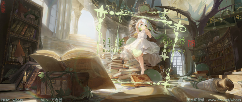 1girl bangs book book_stack bookshelf candle dress energy fantasy female_child floating genshin_impact glowing gradient_hair green_eyes green_hair hands_up highres indoors long_hair looking_at_viewer multicolored_hair mushroom nahida_(genshin_impact) plant scroll side_ponytail sleeveless sleeveless_dress solo sunlight vines watermark wboss white_dress white_hair window