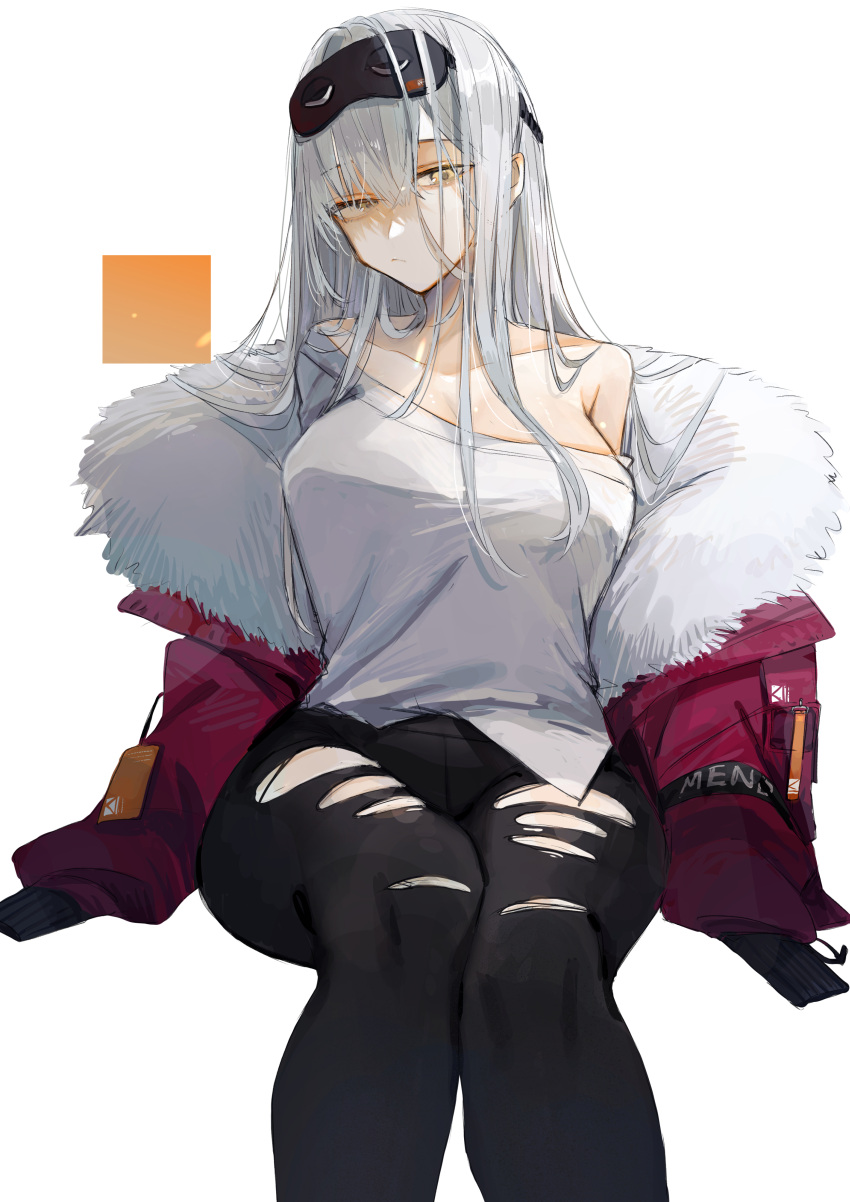 1girl aaoshigatoutoi absurdres breasts coat frima_(nikke) fur-trimmed_coat fur_trim glaring goddess_of_victory:_nikke hair_between_eyes highres jacket large_breasts long_hair night_vision_device off_shoulder open_clothes open_coat shirt sitting solo t-shirt thighs torn_clothes torn_legwear white_hair