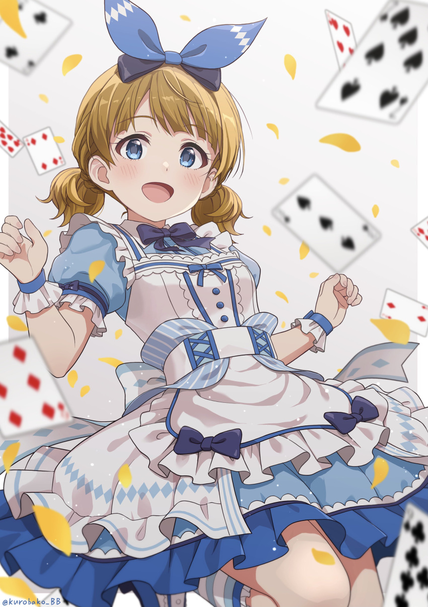 1girl absurdres alice_(alice_in_wonderland) alice_(alice_in_wonderland)_(cosplay) alice_(wonderland) apron back_bow bangs blue_bow blue_bowtie blue_dress blue_eyes blue_ribbon blush bow bowtie brown_hair card club_(shape) commentary confetti cosplay cowboy_shot diamond_(shape) dress female_child flat_chest frilled_apron frilled_dress frilled_skirt frilled_sleeves frills hair_ribbon hands_up highres holding_card idolmaster idolmaster_million_live! idolmaster_million_live!_theater_days jumping kurobako_bb looking_at_viewer official_alternate_hairstyle open_mouth playing_card puffy_short_sleeves puffy_sleeves ribbon short_hair short_sleeves short_twintails skirt smile solo spade_(shape) suou_momoko thighs twintails twitter_username white_apron white_background wrist_cuffs