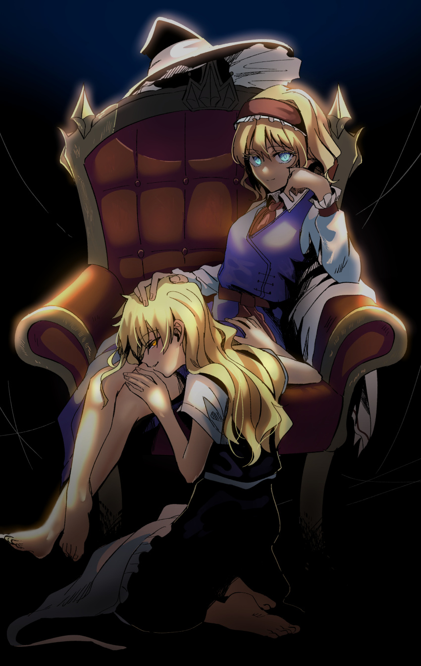 2girls absurdres alice_margatroid apron barefoot black_dress black_headwear blonde_hair blue_dress blue_eyes chair commentary_request couch crossed_legs dress fingernails frilled_apron frilled_hairband frilled_hat frills full_body hairband hat hat_removed hat_ribbon headwear_removed highres kirisame_marisa lolita_hairband long_hair long_sleeves looking_at_viewer menta multiple_girls pinafore_dress red_hairband red_sash ribbon sash seiza shirt short_hair short_sleeves sitting soles toes touhou waist_apron white_apron white_shirt witch_hat yellow_eyes