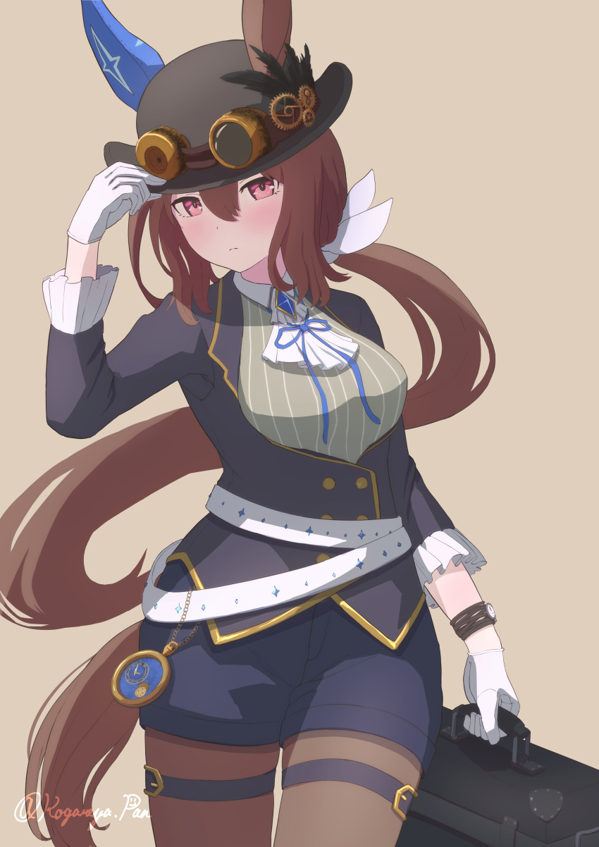 1girl absurdres admire_vega_(umamusume) agepan._(pangcha3324) alternate_costume animal_ears black_headwear black_jacket black_shorts blue_ribbon blush bowl bowl_hat brown_background brown_hair brown_pantyhose cowboy_shot ear_covers ears_through_headwear eyewear_on_headwear gloves gradient gradient_background hair_between_eyes hair_ribbon hat highres holding holding_suitcase horse_ears horse_girl horse_tail jacket long_hair looking_at_viewer neck_ribbon pantyhose pink_eyes ribbon shirt shorts simple_background single_ear_cover solo steampunk suitcase tail twitter_username umamusume white_gloves white_ribbon