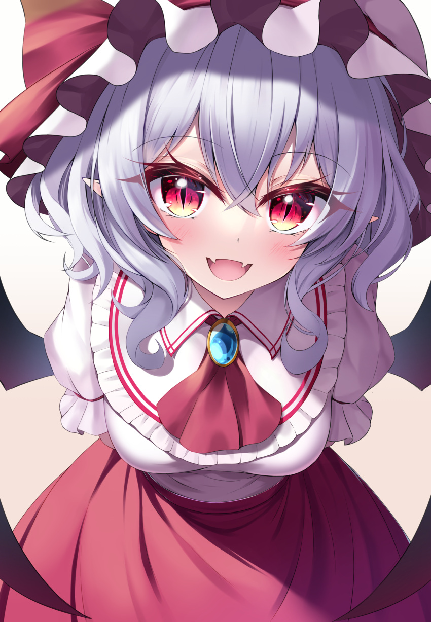 1girl :d absurdres arms_behind_back ascot bat_wings blush breasts brooch eyebrows_visible_through_hair fang gradient_background hair_between_eyes hat hat_ribbon highres jewelry leaning_forward light_purple_hair looking_at_viewer mob_cap open_mouth pointy_ears red_eyes red_ribbon red_skirt remilia_scarlet ribbon s_vileblood short_sleeves simple_background skin_fang skirt slit_pupils smile solo touhou upper_body white_background white_headwear wings