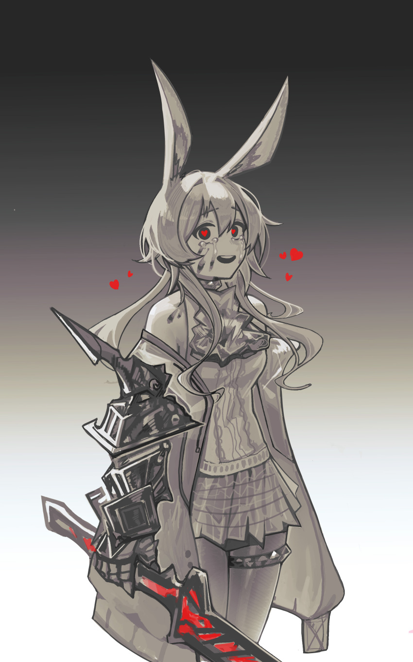 1girl absurdres amiya_(arknights) amiya_(guard)_(arknights) animal_ears arknights ascot bare_shoulders blood blood_on_face constant_qiu cowboy_shot crying crying_with_eyes_open gradient gradient_background grey_background greyscale heart heart-shaped_pupils highres holding holding_sword holding_weapon jacket long_hair looking_at_viewer monochrome off_shoulder official_alternate_costume open_clothes open_jacket pantyhose plaid plaid_skirt pleated_skirt rabbit_ears rabbit_girl red_eyes shirt sidelocks simple_background skirt sleeveless sleeveless_shirt solo spot_color sword symbol-shaped_pupils tears thighlet thighs weapon