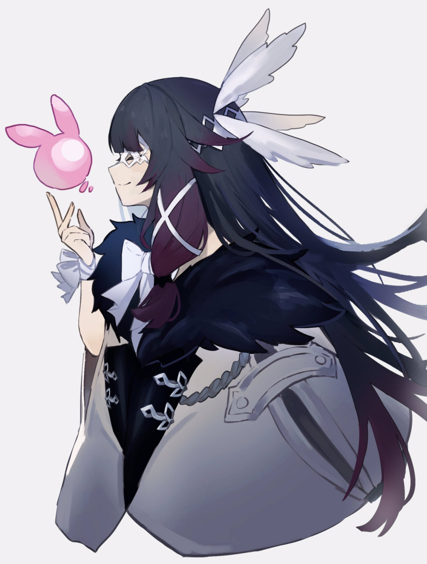 1girl aiguillette black_hair blindfold bow bowtie cape closed_eyes closed_mouth columbina_(genshin_impact) floating from_side fur_trim genshin_impact gradient gradient_background grey_cape hair_ribbon hairband head_wings highres long_hair merry-san pink_hair ribbon seelie_(genshin_impact) smile solo upper_body very_long_hair white_bow white_bowtie white_hairband white_ribbon