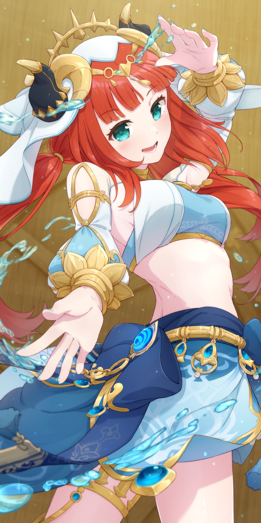 1girl absurdres aqua_eyes arm_up blue_skirt blush breasts circlet clothing_cutout commentary_request crop_top dancer from_side genshin_impact gold_trim harem_outfit highres horns long_hair long_sleeves looking_at_viewer low_twintails medium_breasts midriff navel nilou_(genshin_impact) open_mouth outstretched_hand puffy_long_sleeves puffy_sleeves redhead skirt smile solo thighlet thighs twintails veil vision_(genshin_impact) water white_headwear yaaben
