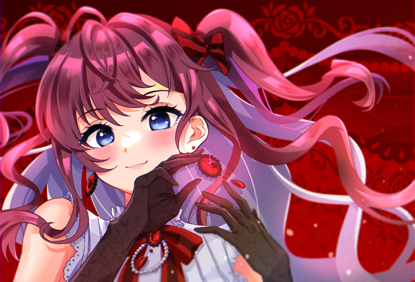 1girl 3 akaten38 black_gloves blue_eyes blush bow bowtie brown_hair earrings gloves hair_bow hands_up highres ichinose_shiki idolmaster idolmaster_cinderella_girls jewelry long_hair looking_at_viewer red_background red_bow red_bowtie smile solo upper_body