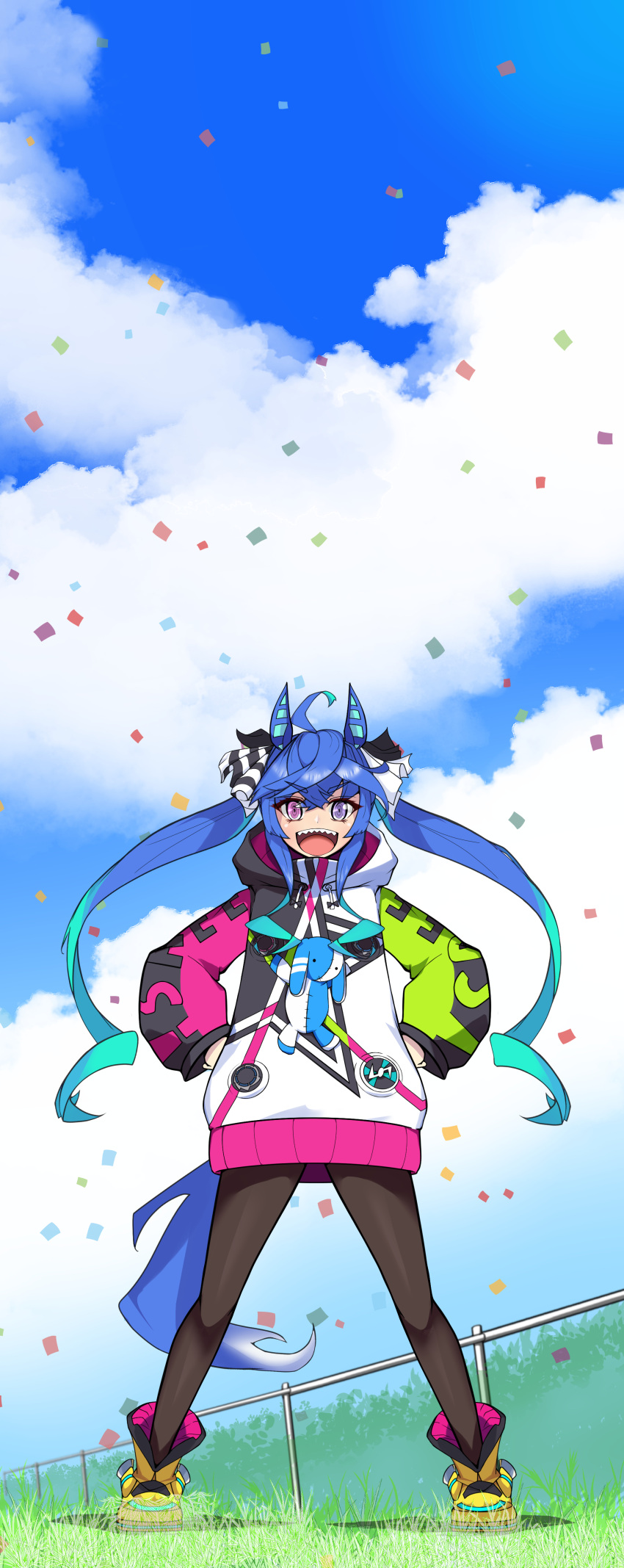 1girl :d absurdres ahoge animal_ears aqua_hair bangs black_bodysuit blue_eyes blue_hair blue_sky bodysuit boots clouds cloudy_sky commentary_request confetti day drawstring grass hair_ribbon hands_on_hips heterochromia highres hood hood_down hooded_coat horse_ears horse_girl horse_tail long_hair looking_at_viewer multicolored_coat multicolored_hair open_mouth outdoors pantyhose railing ribbon sharp_teeth shibainutank sidelocks sky smile solo standing stuffed_animal stuffed_bunny stuffed_toy tail teeth twin_turbo_(umamusume) twintails two-tone_hair umamusume violet_eyes white_ribbon yellow_footwear