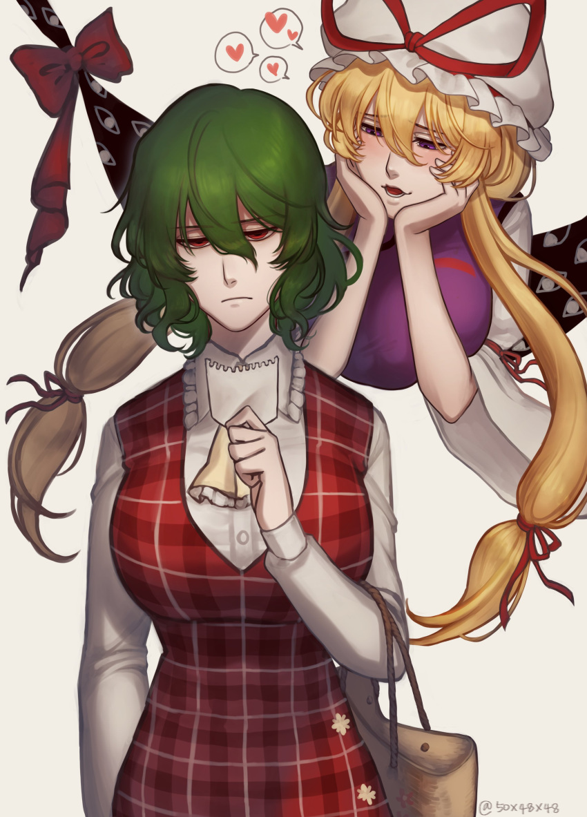 2girls 50x48x48 absurdres arm_ribbon ascot bag behind_another blonde_hair bow breasts buttons closed_mouth dress frown furrowed_brow gap_(touhou) gloom_(expression) gradient gradient_background green_hair hair_between_eyes hair_bow handbag hands_on_own_face hat hat_ribbon heart highres holding holding_bag holding_paper kazami_yuuka large_breasts long_hair long_sleeves looking_at_another mob_cap multiple_girls open_mouth paper plaid plaid_skirt plaid_vest red_bow red_eyes red_ribbon red_vest ribbon short_hair sidelocks simple_background skirt spoken_heart standing tabard touhou twitter_username upper_body very_long_hair vest violet_eyes wavy_hair white_background white_dress white_headwear wide_sleeves yakumo_yukari yellow_ascot