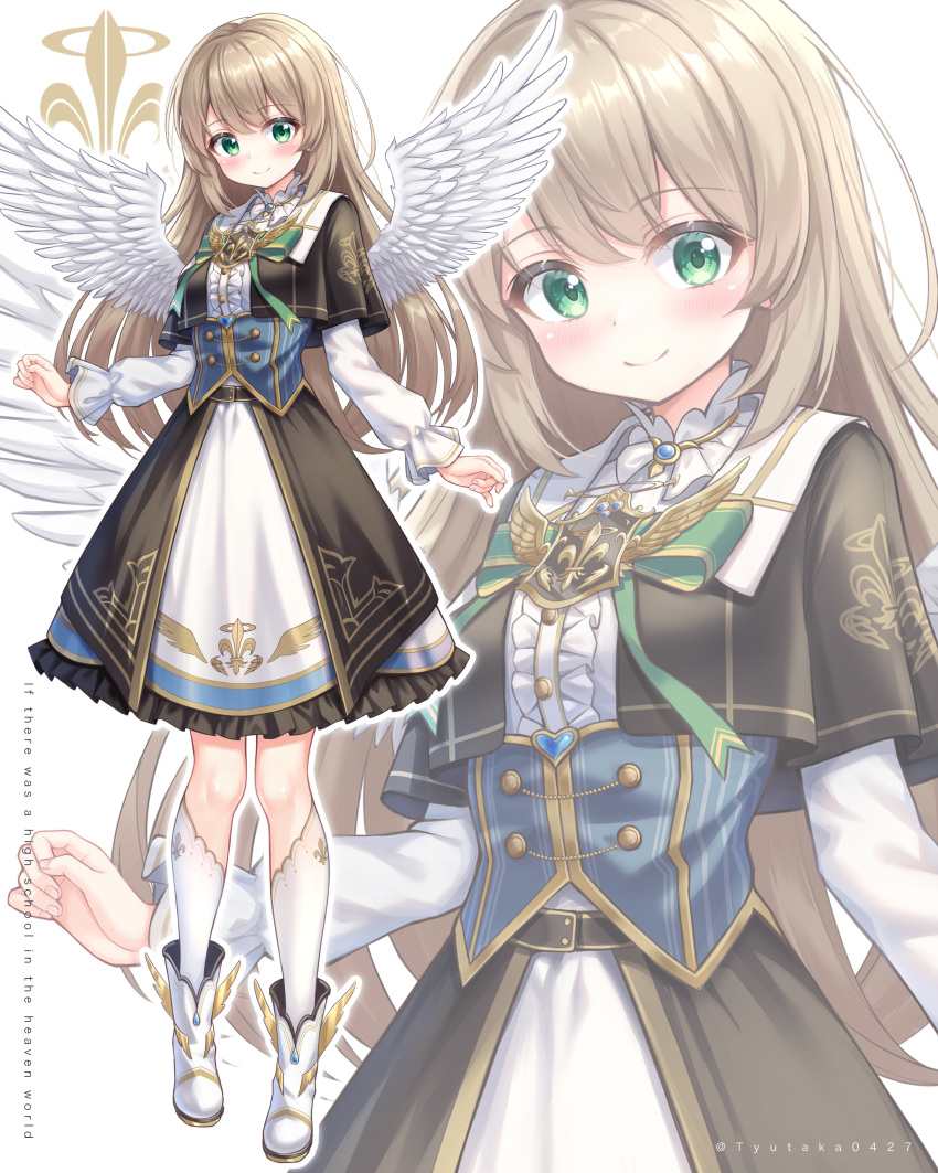 1girl absurdres angel angel_wings bangs barefoot belt black_belt black_capelet blonde_hair blush boots brooch brown_hair capelet center_frills closed_mouth collared_shirt emblem english_text eyebrows_visible_through_hair feathered_wings fleur_de_lis frilled_skirt frills full_body green_eyes heart highres jewelry kneehighs light_brown_hair long_hair long_sleeves looking_at_viewer original puffy_sleeves school_uniform shirt simple_background skirt smile socks twitter_username tyutaka0427 white_background white_footwear white_shirt white_skirt white_socks winged_footwear wings zoom_layer
