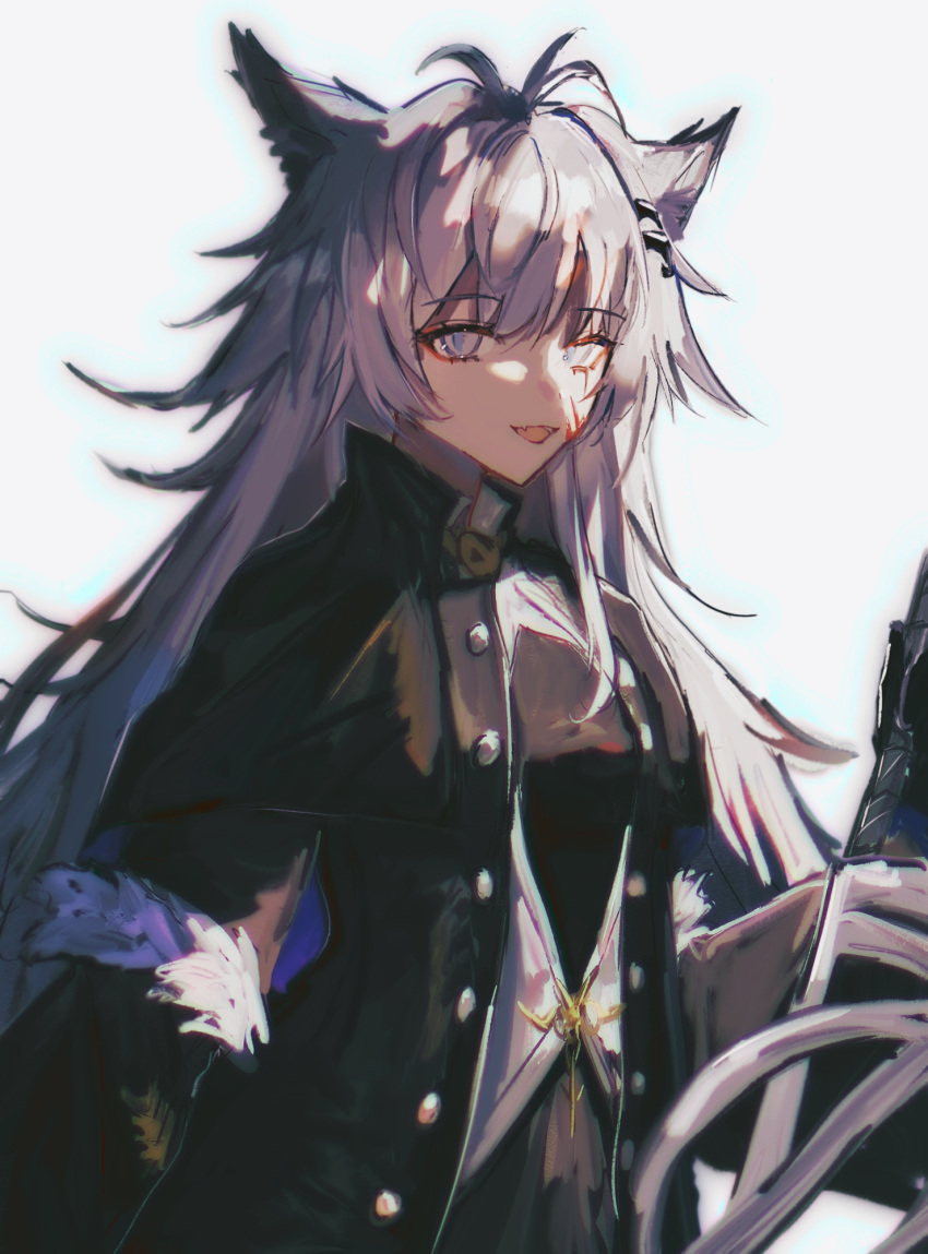 1girl animal_ears anpoai antenna_hair arknights bangs black_coat black_dress blood blood_on_face coat dress fangs gradient gradient_background grey_background grey_eyes grey_hair hair_between_eyes hair_ornament hairclip highres holding holding_sword holding_weapon jacket lappland_(arknights) lappland_(refined_horrormare)_(arknights) long_hair looking_at_viewer official_alternate_costume open_clothes open_coat open_mouth scar scar_across_eye silver_hair simple_background smile solo sword upper_body weapon white_background wolf_ears wolf_girl