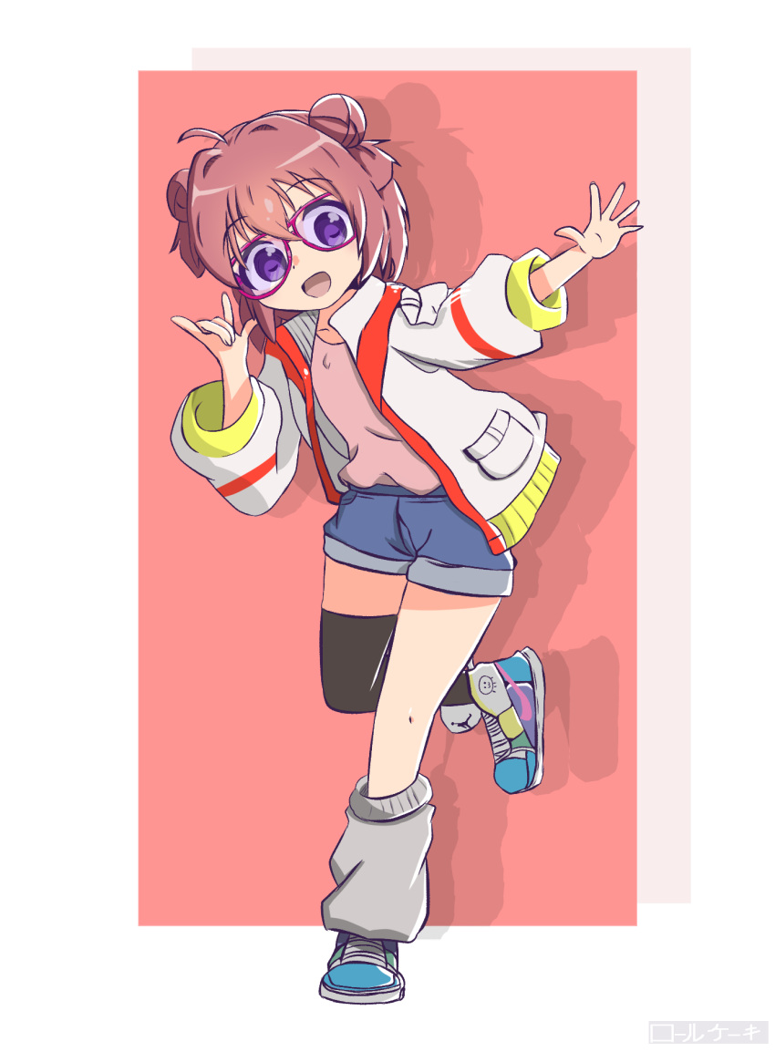 1girl air_jordan akaza_akari brown_hair colorful dancing double_bun highres hood hoodie jacket non-web_source open_clothes open_mouth purple_eyes redhead shirt shoes shorts smile solo sunglasses t-shirt violet_eyes yuru_yuri