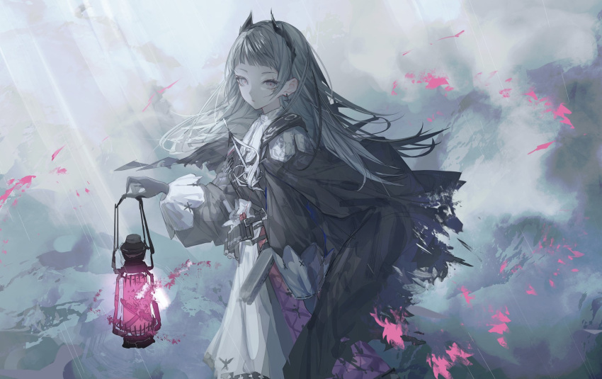 1girl arknights bangs black_cape black_gloves blunt_bangs cape dress earrings expressionless feet_out_of_frame gloves grey_eyes grey_hair highres holding holding_lantern irene_(arknights) jewelry lantern long_hair long_sleeves looking_at_viewer sheath sheathed solo suimin_(sui_0y0) sword torn_cape torn_clothes weapon white_dress
