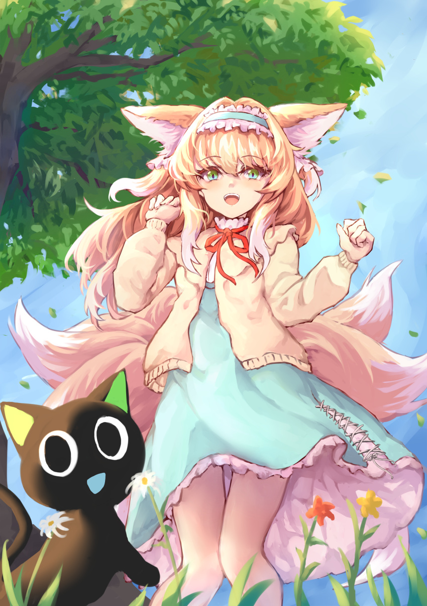 1girl :d absurdres animal_ears arknights black_cat blonde_hair blue_dress blue_hairband blue_sky cardigan cat dress feet_out_of_frame flower fox_ears fox_girl fox_tail frilled_hairband frills green_eyes hair_down hairband hands_up highres long_hair long_sleeves looking_at_viewer luoxiaohei multicolored_hair open_cardigan open_clothes open_mouth orange_flower outdoors sky smile solo streaked_hair suzuran_(arknights) tail teeth the_legend_of_luo_xiaohei tree upper_teeth utinokofia white_hair yellow_cardigan yellow_flower