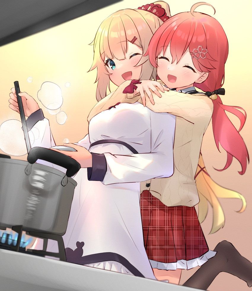 2girls :d ;d ^_^ absurdres ahoge akai_haato black_thighhighs blonde_hair blue_eyes cardigan closed_eyes cooking dress glomp hair_ornament hairclip high_ponytail highres hololive hug hug_from_behind kitchen multiple_girls myonchi official_alternate_costume one_eye_closed open_mouth plaid plaid_skirt red_skirt sakura_miko skirt smile thigh-highs twintails virtual_youtuber white_dress yellow_cardigan