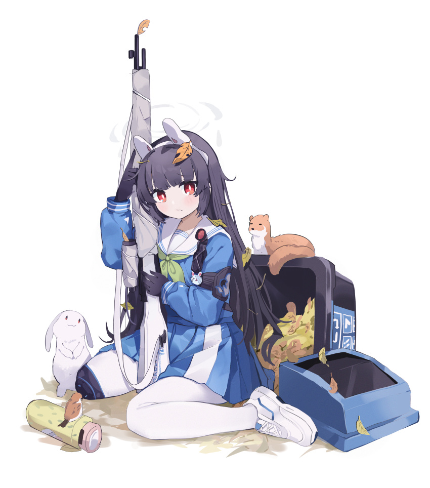 1girl absurdres animal_ears bangs black_hair blue_archive blunt_bangs commentary coria fake_animal_ears ferret gun hairband highres holding holding_gun holding_weapon leaf leaf_on_head long_hair long_sleeves looking_at_viewer miyu_(blue_archive) pantyhose pleated_skirt rabbit rabbit_ears red_eyes rifle school_uniform serafuku shoes sidelocks simple_background sitting skirt sneakers sniper_rifle solo symbol-only_commentary trash_can wariza weapon white_background white_legwear white_pantyhose