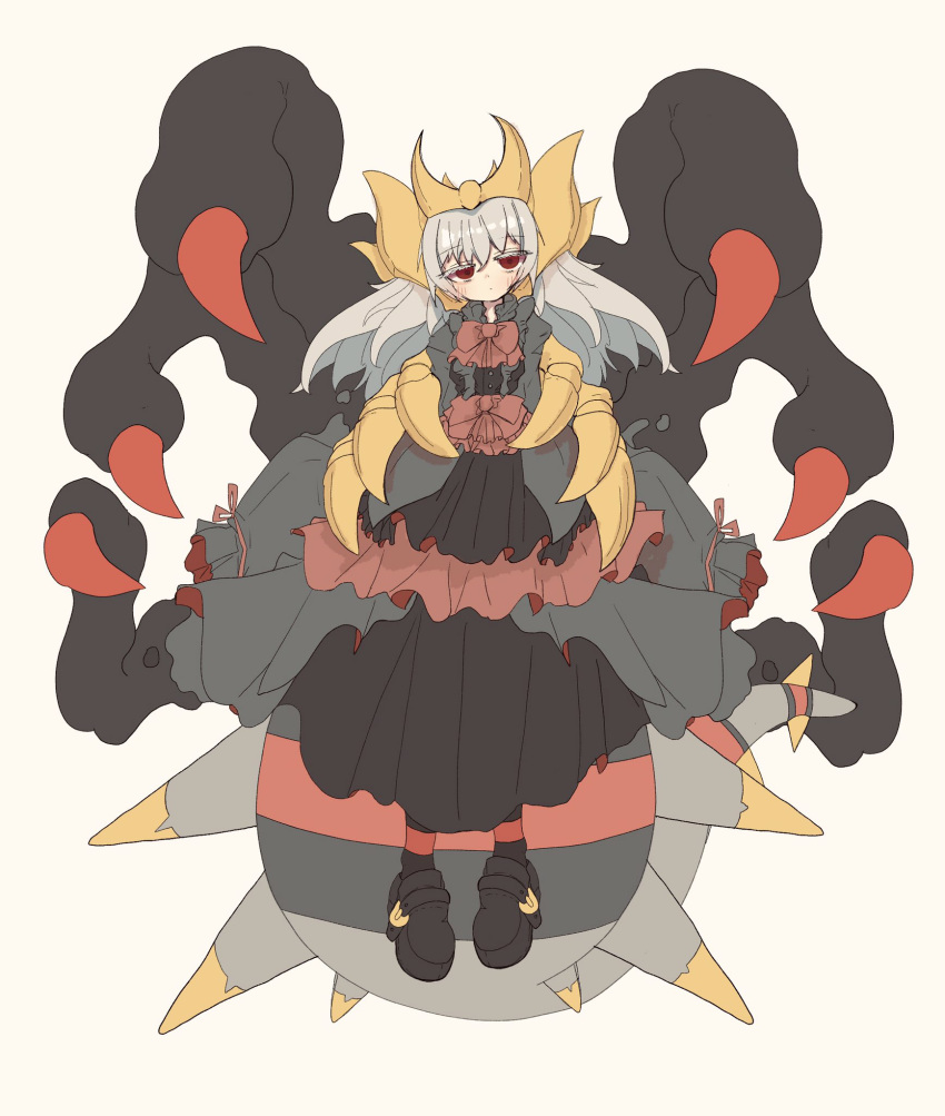 1girl black_dress black_footwear black_socks blush bow collar crown dress frilled_bow frilled_collar frilled_dress frilled_sleeves frills giratina gradient gradient_background grey_hair highres long_hair looking_at_viewer personification pokemon red_bow red_eyes red_ribbon ribbon sleeves_past_fingers sleeves_past_wrists socks solo spikes tail user_jwrz5783 white_background