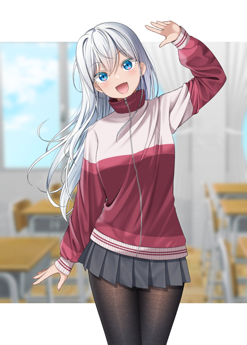 1girl :d arm_up bangs black_pantyhose blue_eyes blue_sky blurry blurry_background blush chair clouds commentary_request curtains day depth_of_field desk fang grey_hair grey_skirt gurande_(g-size) hair_between_eyes head_tilt highres jacket long_hair long_sleeves looking_at_viewer open_mouth original pantyhose pleated_skirt red_jacket school_chair school_desk skirt sky smile solo track_jacket very_long_hair window