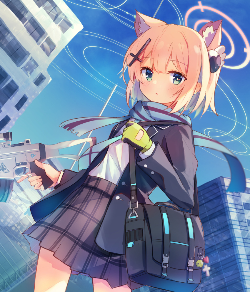 1girl alternate_costume animal_ears assault_rifle bag bag_charm bangs blazer blue_archive blue_scarf blue_sky building charm_(object) chiyoda_momo commentary_request cosplay day eyebrows_visible_through_hair gun haemori_ako hair_between_eyes hair_ornament halo highres holding holding_gun holding_weapon jacket kemonomimi_mode long_sleeves looking_at_viewer machikado_mazoku necktie open_clothes outdoors plaid plaid_skirt pleated_skirt rifle scarf school_bag school_uniform shiroko_(blue_archive) shiroko_(blue_archive)_(cosplay) short_hair sidelocks sig_sauer_556 skirt sky skyscraper solo trigger_discipline weapon wolf_ears