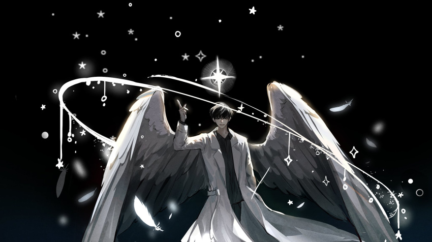1boy angel_wings black_background black_eyes black_hair black_shirt collared_shirt dark_background evl_1230 feathers hand_in_pocket highres jacket kim_dokja long_sleeves looking_at_viewer male_focus omniscient_reader's_viewpoint shirt short_hair smile snapping_fingers solo star_(symbol) white_jacket white_wings wings