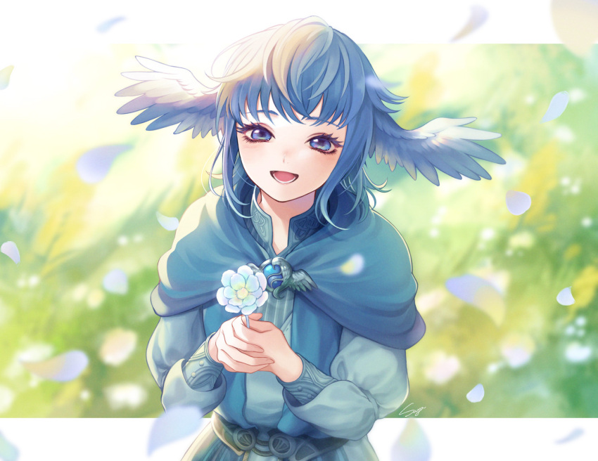1girl :d bangs bird_wings blue_capelet blue_dress blue_eyes blue_flower blue_gemstone blue_hair blurry blurry_background brooch capelet day depth_of_field dress falling_petals feathered_wings feathers final_fantasy final_fantasy_xiv flower gem grass happy head_wings high_collar holding holding_flower jewelry letterboxed long_sleeves looking_at_viewer meteion open_mouth outdoors outside_border own_hands_together petals short_hair signature smile solo suyamii upper_body wings