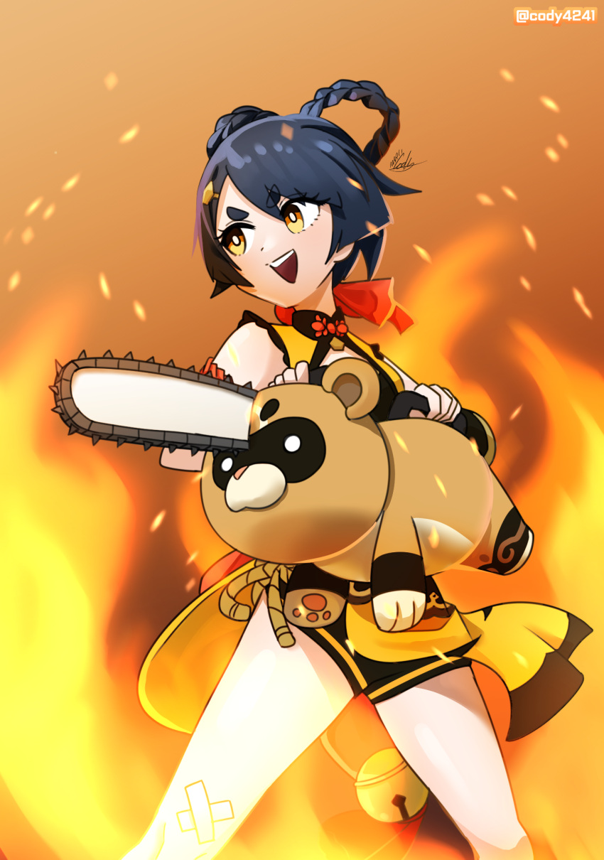1girl :d bangs black_hair braid chainsaw chainsaw_man chinese_clothes commentary_request fire genshin_impact guoba_(genshin_impact) hair_between_eyes hair_ornament hairclip highres holding kodineun_haengbokhada medium_hair open_mouth parody parted_bangs red_panda sidelocks simple_background sleeveless smile solo thick_eyebrows twin_braids xiangling_(genshin_impact) yellow_eyes