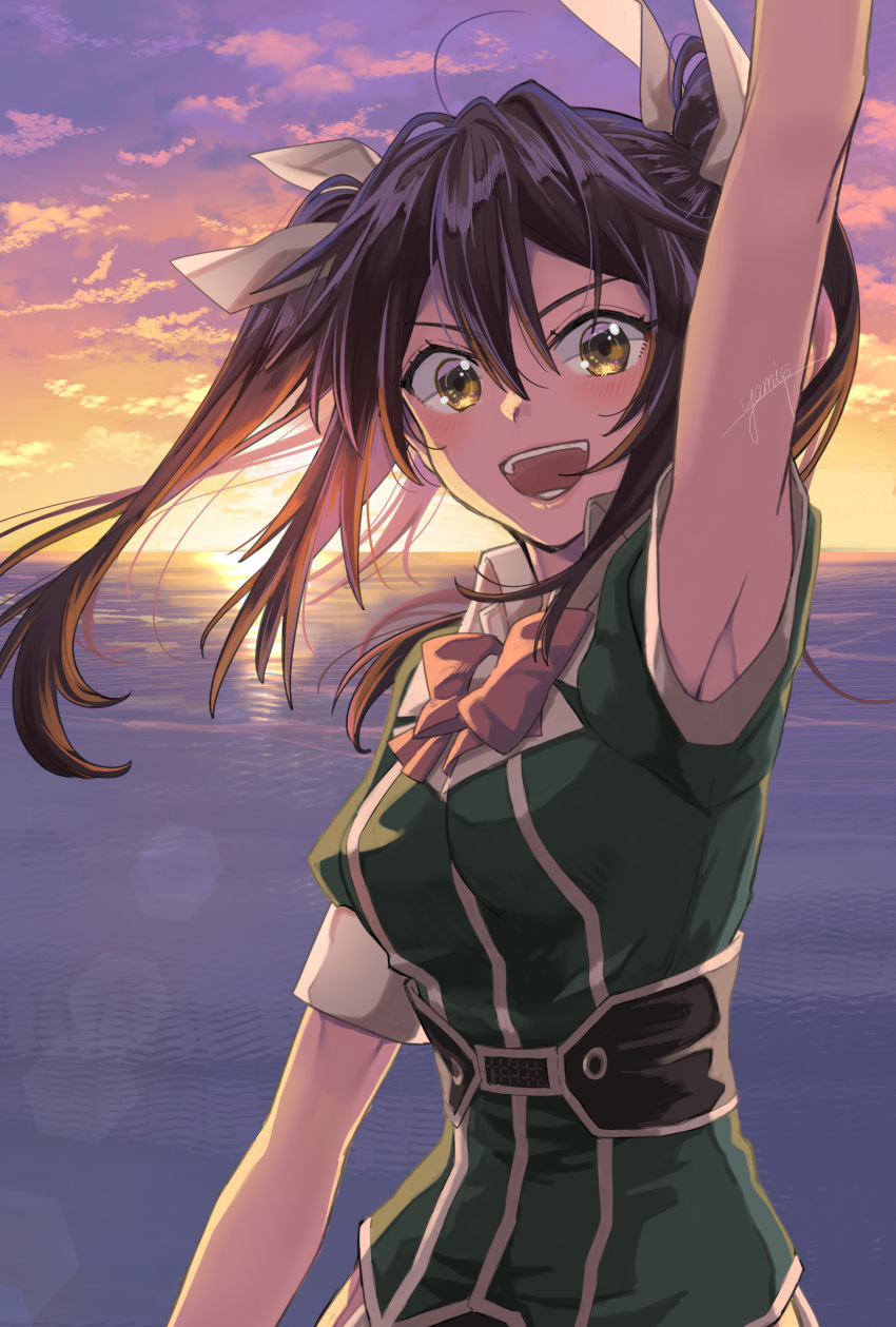 1girl absurdres arm_up armpits breasts brown_hair clouds gradient_sky green_jacket hair_between_eyes hair_ribbon highres horizon jacket kantai_collection long_hair looking_at_viewer medium_breasts military military_jacket military_uniform ocean open_mouth purple_sky ribbon short_sleeves sky solo sunset tone_(kancolle) tone_(kantai_collection) twintails uniform upper_body waving yami_(m31)