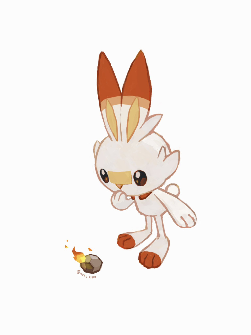 brown_eyes commentary fire full_body gradient gradient_background hand_up highres looking_down mokuzou_(moku_ssbu) no_humans pokemon pokemon_(creature) rock scorbunny simple_background solo standing symbol-only_commentary twitter_username white_background