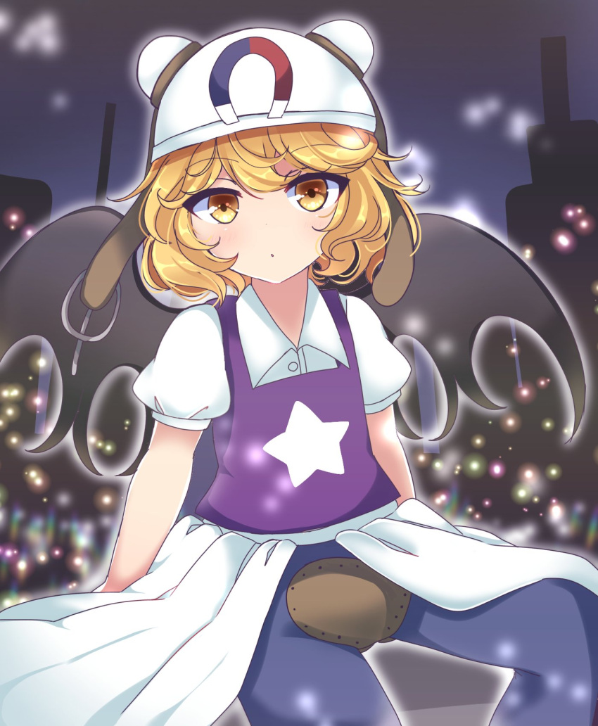 1girl 1other androgynous bangs blonde_hair blue_pants collared_shirt commentary_request denim hat helmet highres jeans len'en looking_at_viewer other_focus ougi_hina pants parted_lips puffy_short_sleeves puffy_sleeves purple_vest shirt short_hair short_sleeves solo star_(symbol) umatachi_tsugumi vest white_headwear white_shirt yellow_eyes