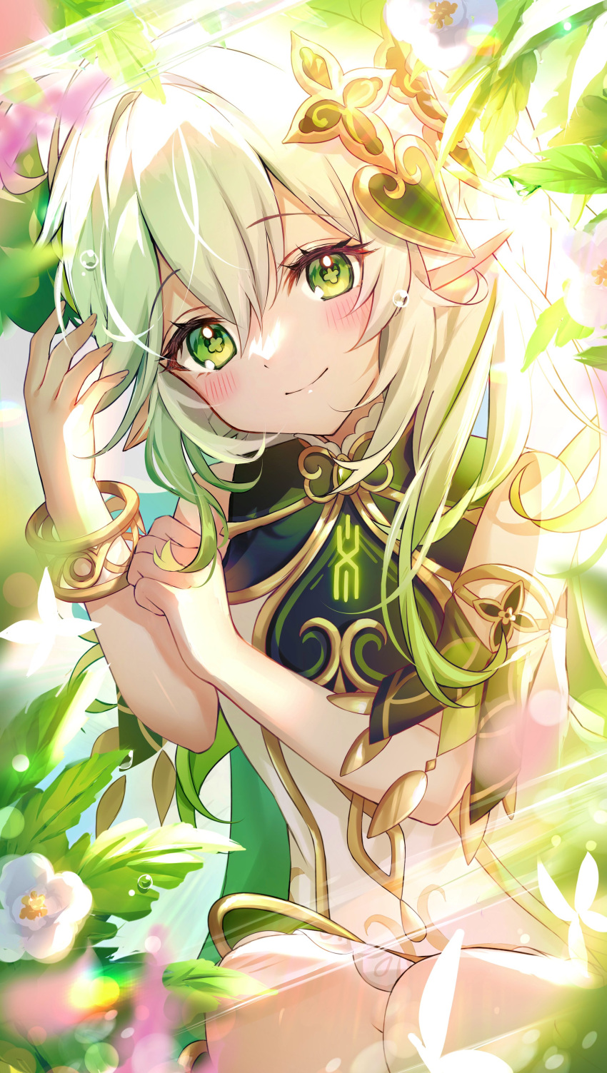 1boy 1girl absurdres amaki_ruto bare_shoulders blush closed_mouth dress elf flower genshin_impact green_eyes hair_between_eyes hair_ornament highres light_particles long_hair looking_at_viewer nahida_(genshin_impact) pointy_ears smile solo symbol-shaped_pupils white_dress white_hair