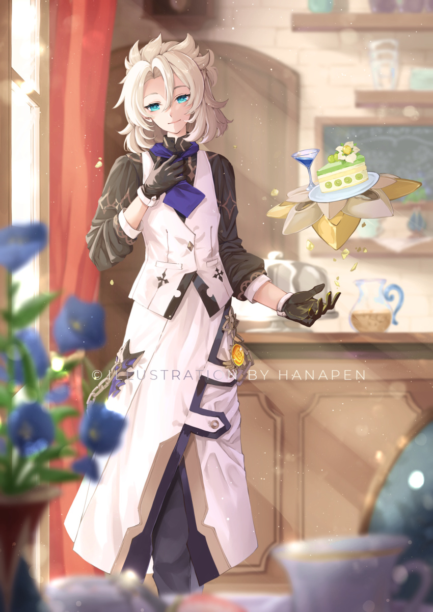 1boy albedo_(genshin_impact) apron aqua_eyes artist_name bangs black_gloves black_pants black_shirt blonde_hair blue_flower blue_necktie blurry blurry_background blurry_foreground blush cake cake_slice chain chair chalkboard closed_mouth collared_shirt commentary_request counter cup curtains depth_of_field door drinking_glass eyelashes floating floating_object flower food genshin_impact gloves hair_between_eyes hanapen hand_up head_tilt highres indoors light_brown_hair light_particles light_rays looking_at_viewer male_focus medium_hair necktie official_alternate_costume pants parted_bangs pitcher plant plate pocket shelf shirt short_necktie sidelocks smile solo standing sunlight table teacup vase vest vision_(genshin_impact) watermark white_apron white_vest window