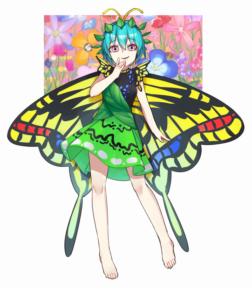 1girl absurdres antennae aqua_hair barefoot blue_flower blue_hair butterfly_wings dress eternity_larva fairy flower full_body gradient gradient_background green_dress hair_between_eyes highres leaf leaf_on_head looking_at_viewer mo_mo_kaze multicolored_clothes multicolored_dress open_mouth pink_eyes pink_flower purple_flower red_flower short_hair short_sleeves smile solo touhou wings yellow_flower