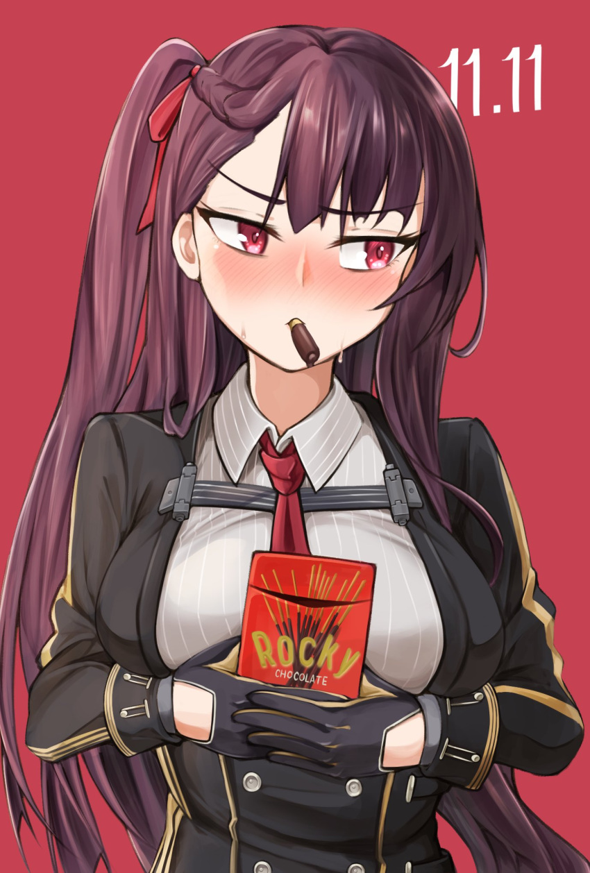 1girl blazer blush breasts dated food food_in_mouth framed_breasts girls_frontline gloves hair_ribbon highres holding holding_food jacket kuzumotsu long_hair looking_to_the_side necktie one_side_up pocky pocky_day pov purple_hair red_background red_eyes red_necktie ribbon solo striped upper_body wa2000_(girls'_frontline) wa2000_(girls_frontline)