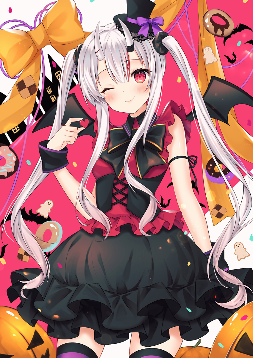 1girl alternate_costume bat_(animal) blush checkerboard_cookie commentary_request cookie cowboy_shot demon_wings doughnut food halloween halloween_costume haruhitooo hat heart highres holding hololive horns jack-o'-lantern long_hair looking_at_viewer mini_hat multicolored_hair nakiri_ayame one_eye_closed oni oni_horns red_eyes redhead smile solo streaked_hair thigh-highs twintails very_long_hair virtual_youtuber white_hair wings wrist_cuffs
