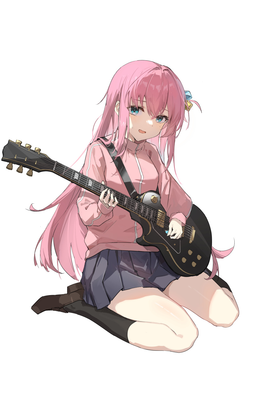 1girl absurdres bangs black_socks blue_eyes blue_skirt blush bocchi_the_rock! breasts brown_footwear chenmu_sora full_body gotou_hitori green_eyes guitar hair_ornament highres holding holding_instrument holding_plectrum instrument jacket kneeling loafers long_hair long_sleeves looking_at_viewer nervous_smile open_mouth pink_hair pink_jacket pleated_skirt plectrum shoes sidelocks simple_background sitting skirt small_breasts smile socks solo sweat wariza white_background