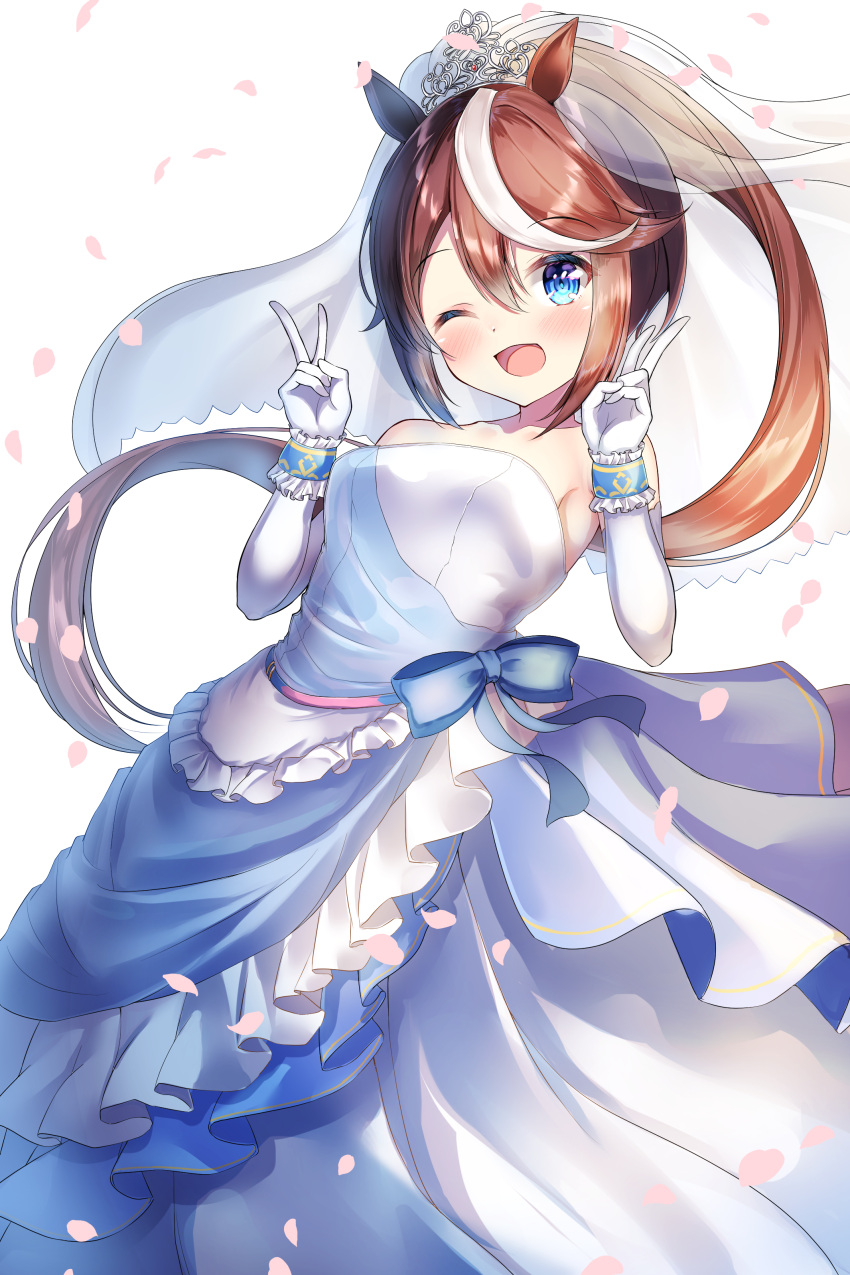 1girl ;d absurdres alternate_costume bare_shoulders blue_dress blue_eyes blush bridal_veil bride brown_hair double_v dress elbow_gloves frilled_dress frills gloves high_ponytail highres horse_girl long_hair looking_at_viewer multicolored_hair one_eye_closed open_mouth petals rappi smile solo strapless strapless_dress streaked_hair tiara tokai_teio_(umamusume) two-tone_dress two-tone_hair umamusume v veil w_arms wedding_dress white_dress white_gloves white_hair