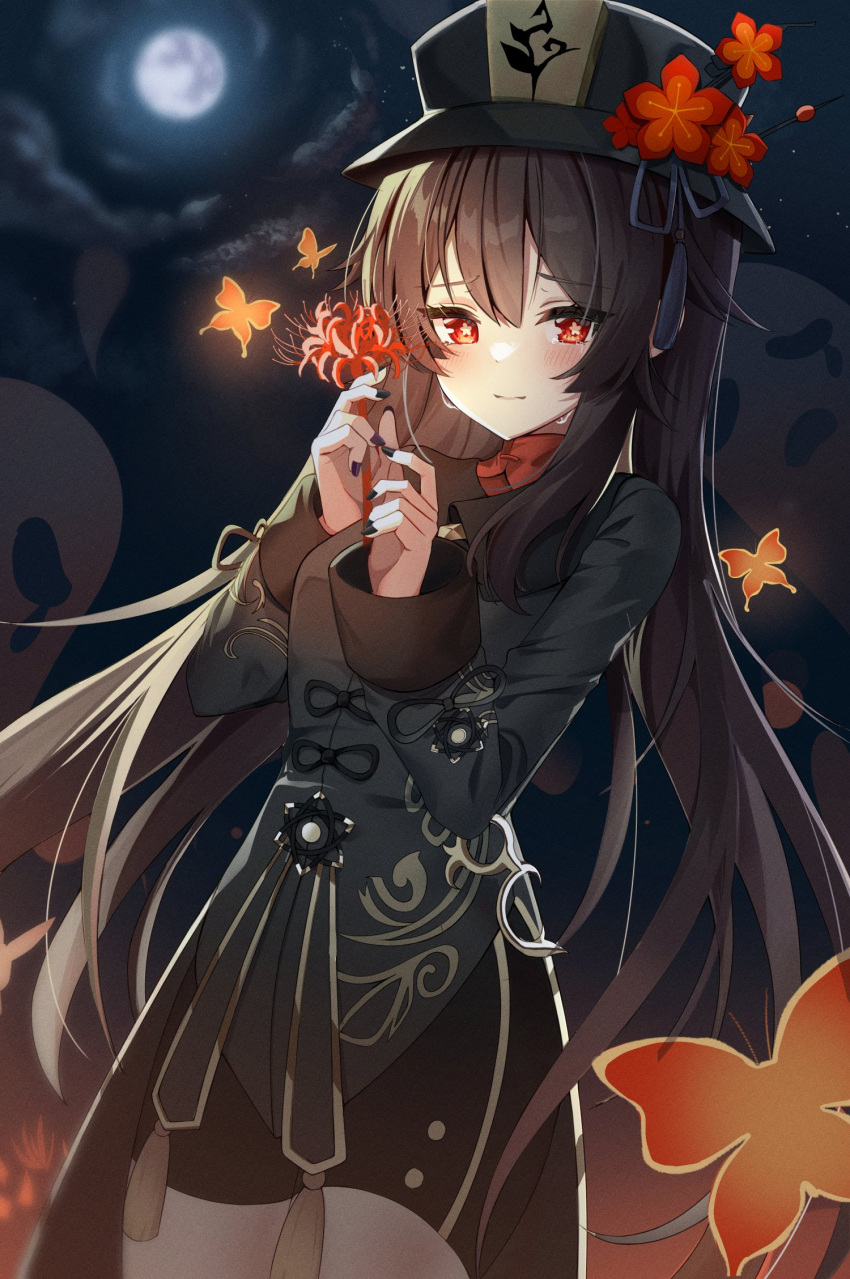 1girl black_hair black_headwear black_nails black_shorts bow breasts brown_hair bug butterfly chinese_clothes coattails collared_coat crying crying_with_eyes_open flower flower-shaped_pupils full_moon genshin_impact ghost hat hat_flower hat_ornament highres holding holding_flower hu_tao_(genshin_impact) insect kaku_(walletbreaker) long_hair medium_breasts moon oda_nobunaga_(fate) outdoors plum_blossoms porkpie_hat red_eyes shorts solo symbol-shaped_pupils tears