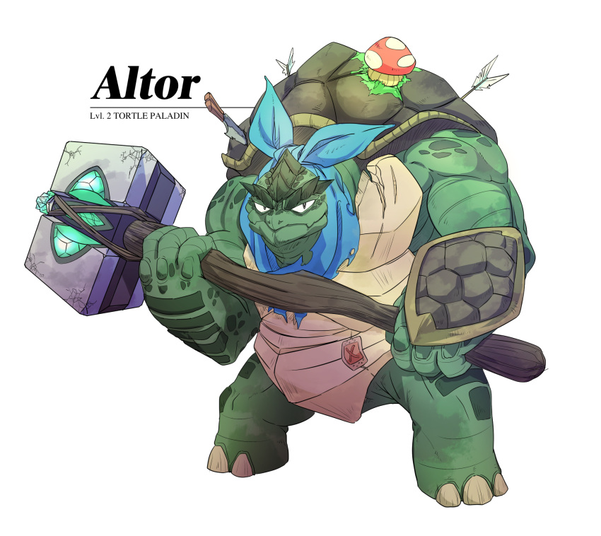 1boy altor animal arrow_in_body blue_neckerchief dungeons_and_dragons highres holding holding_weapon holostars holostars_english knife muscle mushroom neckerchief paladin pkoi regis_altare shell simple_background solo tortoise turtle two-handed war_hammer weapon