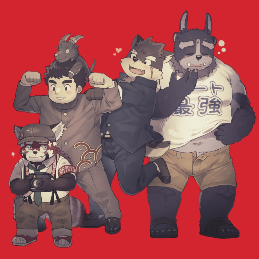 5boys animal_ears armband arms_up batten_xxxx brown_fur brown_hair brown_pants brown_shorts camera clenched_hands closed_eyes collared_shirt commentary creature dog_boy dog_ears dog_tail extra_ears eyebrow_cut fangs fangs_out formal full_body furry furry_male gakuran goat_boy goat_horns goat_tail green_necktie hand_on_another's_shoulder heart holding holding_camera horns large_pectorals loafers looking_at_another male_focus master_5_(housamo) moritaka_(housamo) multiple_boys muscular muscular_male muted_color navel necktie open_fly open_mouth pants pectorals plump red_armband red_background red_fur red_panda_boy red_panda_ears red_panda_tail salomon_(housamo) sandals scar scar_on_cheek scar_on_face school_uniform scratching_stomach shirt shoes short_hair shorts sideburns sleepy smile sparkle suit suspenders t-shirt tail thick_eyebrows tokyo_afterschool_summoners translation_request tsathoggua_(housamo) tusks white_fur white_shirt wolf_ears zhurong_(housamo)