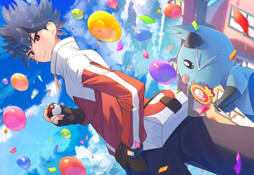 1boy balloon bangs black_gloves building candy closed_mouth clouds commentary_request confetti day dewott fingerless_gloves food from_below gloves highres holding holding_poke_ball hugh_(pokemon) jacket licking lollipop male_focus outdoors pants poke_ball poke_ball_(basic) pokemon pokemon_(creature) pokemon_(game) pokemon_bw2 red_eyes short_hair sky smile spiky_hair tongue tongue_out window yupiteru
