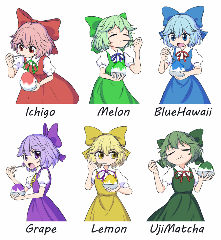 1girl alternate_color bangs blonde_hair blue_dress blue_eyes blue_hair bow cirno closed_eyes collared_shirt cowboy_shot dress eating flat_chest food green_dress green_hair hair_bow holding holding_spoon ice igu_(103milk) neck_ribbon no_wings pinafore_dress puffy_short_sleeves puffy_sleeves purple_dress purple_hair red_dress red_eyes redhead ribbon shaved_ice shirt short_hair short_sleeves spoon syrup touhou utensil_in_mouth violet_eyes white_shirt yellow_dress yellow_eyes