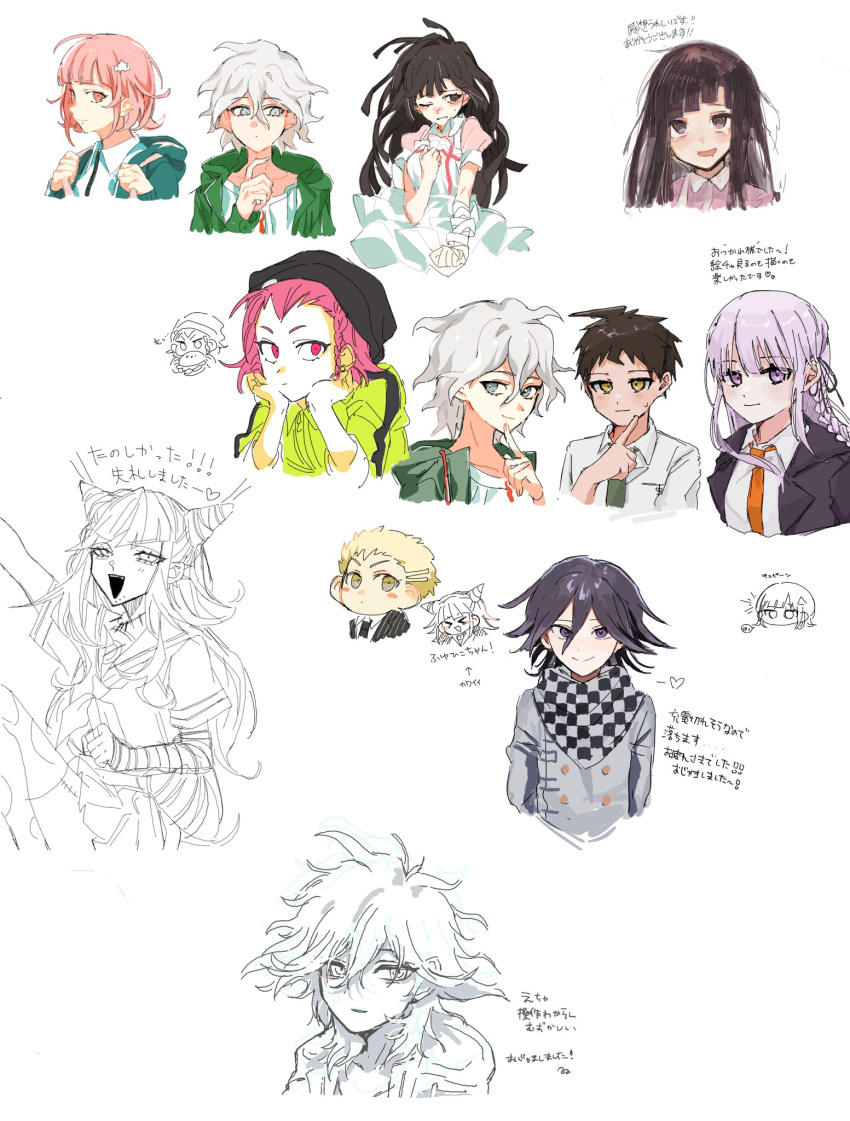 4boys 4girls :d ahoge apron arare_(op_ed_000) arm_up backpack bag bandaged_arm bandages bangs black_hair black_headwear black_jacket braid brown_hair buttons checkered_clothes checkered_scarf danganronpa:_trigger_happy_havoc danganronpa_(series) danganronpa_2:_goodbye_despair danganronpa_v3:_killing_harmony elbow_gloves galaga gloves green_jacket grey_hair grey_jacket hair_between_eyes hair_horns hair_ornament hair_ribbon hand_up hands_up heart highres hinata_hajime hood hood_down hooded_jacket index_finger_raised jacket jumpsuit kirigiri_kyouko komaeda_nagito kuzuryuu_fuyuhiko long_hair medium_hair messy_hair mioda_ibuki multiple_boys multiple_girls nanami_chiaki necktie one_eye_closed open_clothes open_jacket open_mouth orange_necktie ouma_kokichi pink_hair pink_shirt puffy_short_sleeves puffy_sleeves purple_eyes ribbon sailor_collar scarf school_uniform shiny shiny_hair shirt short_hair short_sleeves side_braid single_glove sketch skirt smile souda_kazuichi translation_request tsumiki_mikan white_apron white_shirt yellow_jumpsuit