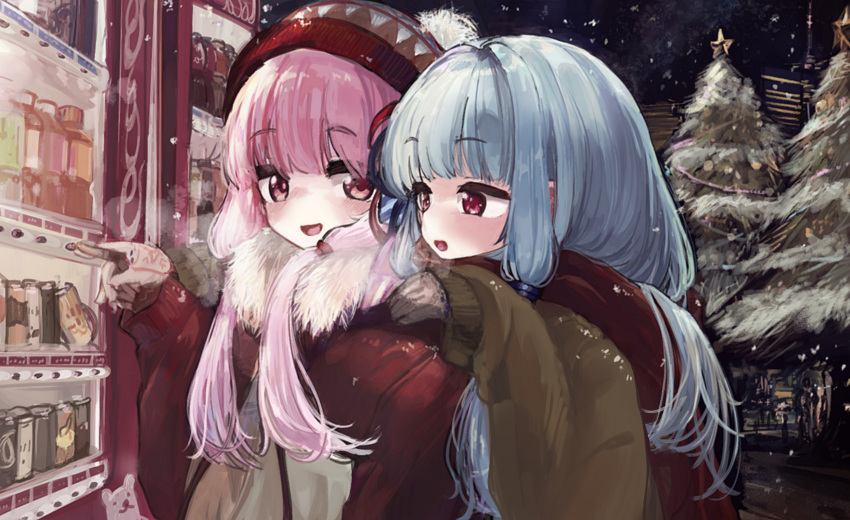 2girls :d bangs beanie black_sky blue_hair blush bottle breath building can christmas christmas_tree eyes_visible_through_hair fur_collar hair_intakes hand_on_another's_shoulder hat highres holding_hands index_finger_raised kotonoha_akane kotonoha_aoi light_blue_hair long_hair long_sleeves looking_at_another low_twintails microa multiple_girls night open_mouth outdoors pink_eyes pink_hair pointing siblings sisters sky sleeves_past_wrists smile snow snowing star_(symbol) tree twintails vending_machine voiceroid winter winter_clothes