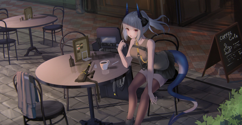 1girl absurdres alternate_costume arknights black_skirt blush breasts brown_thighhighs bush casual chair chalkboard coffee coffee_cup cup disposable_cup dragon_girl dragon_horns dragon_tail grey_footwear grey_hair grey_jacket grey_shirt highres horns jacket jacket_removed large_breasts liskarm_(arknights) long_hair looking_at_viewer menu on_chair open_mouth outdoors pavement ponytail red_eyes shield shirt shoes sitting skirt sleeveless sleeveless_shirt solo sthk table tail thigh-highs