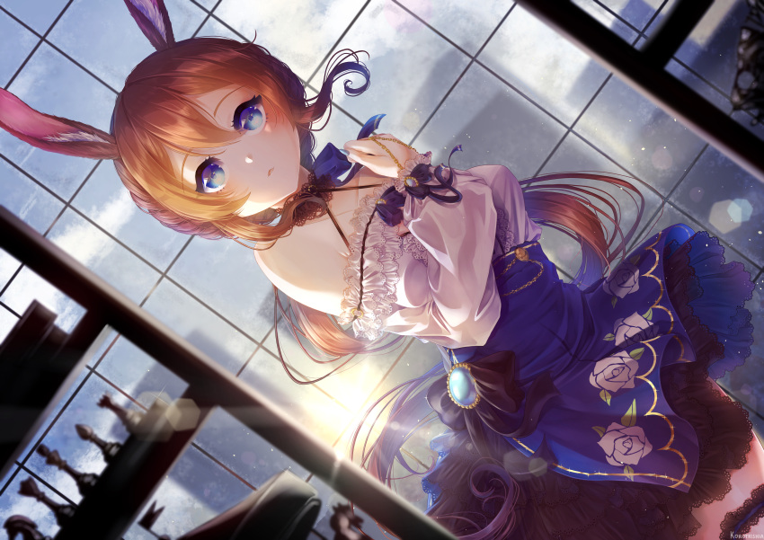 1girl absurdres alternate_costume amiya_(arknights) animal_ear_fluff animal_ears arknights bare_shoulders bishop_(chess) black_bow black_collar blue_dress blue_eyes blue_gemstone blue_nails blue_ribbon bow brown_hair bunny_ears carousel chain chess_piece clouds collar commentary cowboy_shot dress dress_bow dutch_angle fingernails floating_hair frilled_dress frills gem hair_between_eyes hand_up highres king_(chess) knight_(chess) korotrishia lace-trimmed_dress lace_trim lens_flare long_hair looking_at_viewer nail_polish off-shoulder_dress off_shoulder parted_lips ponytail queen_(chess) rabbit_ears ribbon rook_(chess) shelf sky solo sunrise two-tone_dress very_long_hair white_dress window