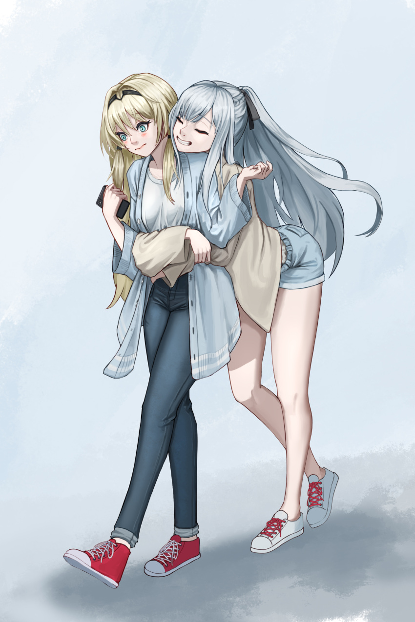 2girls absurdres ak-12_(girls'_frontline) ak-12_(girls_frontline) alternate_costume an-94_(girls'_frontline) an-94_(girls_frontline) aqua_eyes arm_up bangs black_hairband blonde_hair blue_cardigan blue_hair blush braid breasts brown_cardigan cardigan casual closed_eyes closed_mouth crush_kim denim denim_shorts french_braid full_body girls_frontline hair_ornament hair_ribbon hairband hairpin highres holding hug hug_from_behind jeans leaning_forward light_blue_hair lips long_hair long_sleeves looking_down multiple_girls open_cardigan open_clothes open_mouth pants ponytail red_footwear ribbon shirt shoes shorts simple_background small_breasts smile sneakers standing teeth white_footwear white_shirt