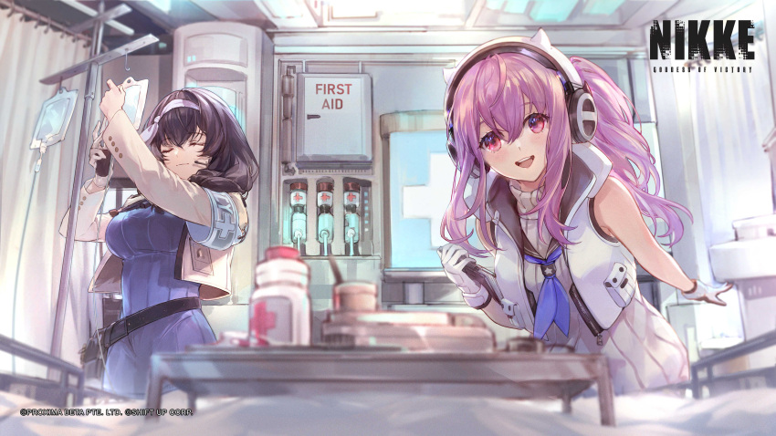 2girls absurdres arm_up armband bare_shoulders black_hair breasts closed_eyes closed_mouth csyday gloves goddess_of_victory:_nikke headphones highres hospital large_breasts long_hair looking_at_viewer mary_(nikke) mature_female multiple_girls nurse official_art open_mouth pepper_(nikke) pink_hair second-party_source smile white_gloves